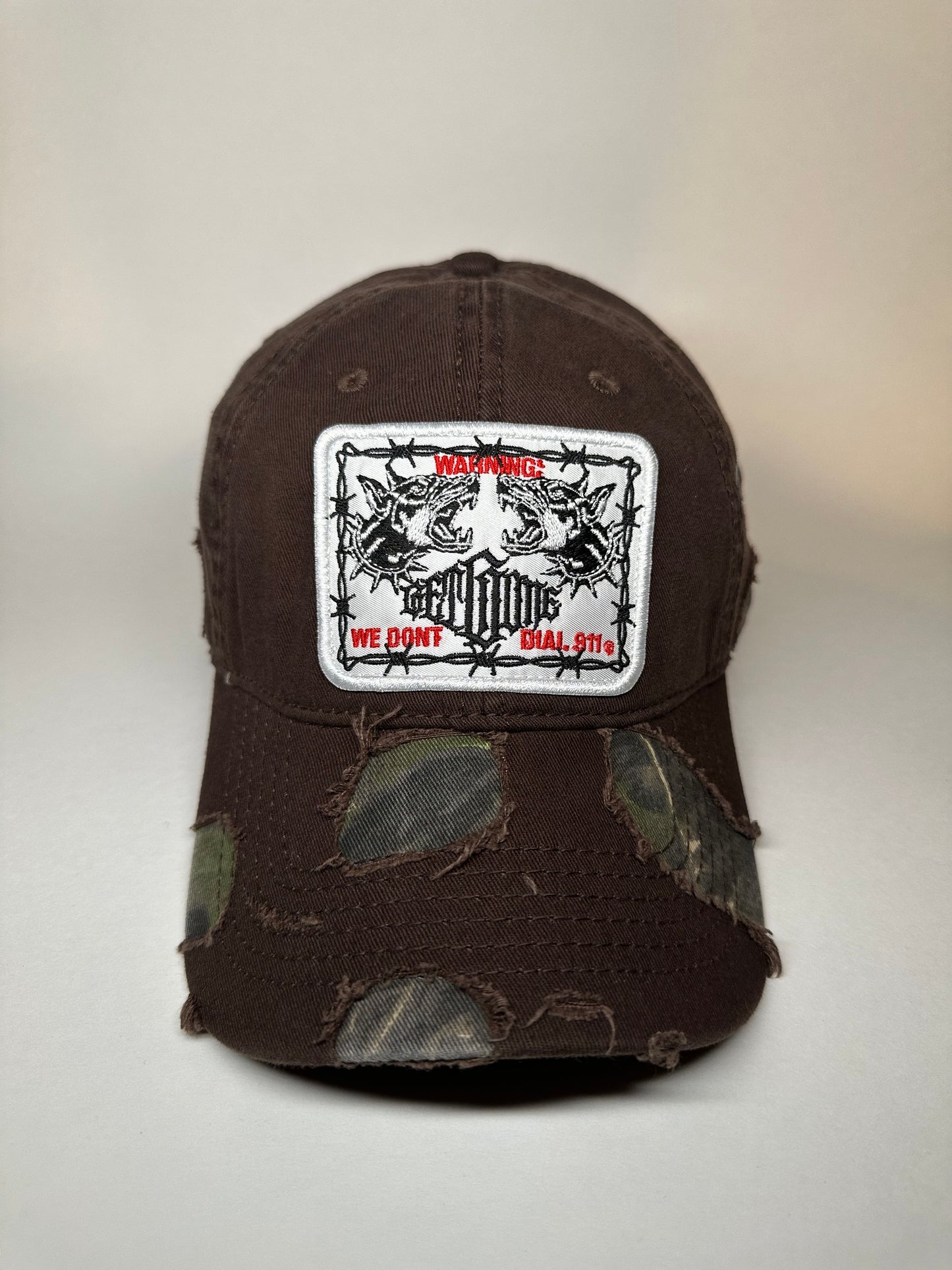 WE DON’T DIALL 911 HAT|RIPPED BROWN|